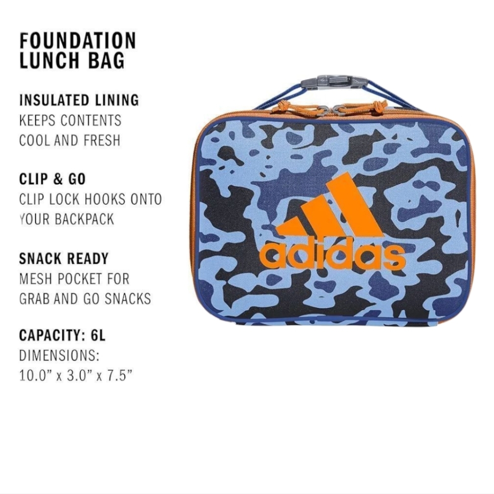 Adidas - NEW Blue and Orange Camo Lunch Bag Insulated w/Clip & Outside Pocket - Picture 2 of 7